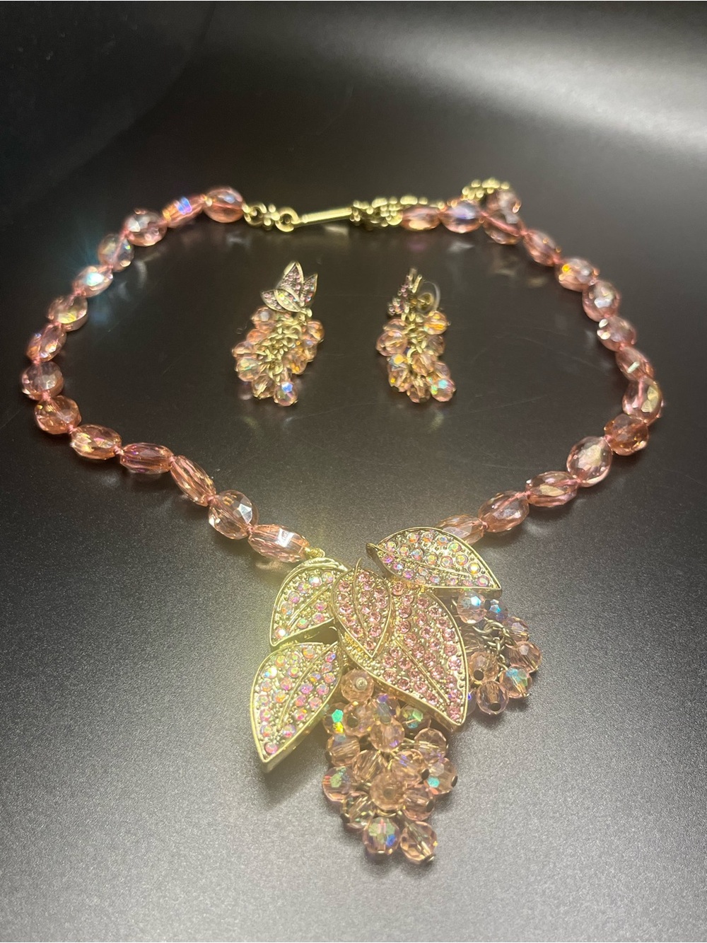 Signed Afrok Pink AB Crystal Leaf Necklace Earring Set Gold Tone Statement piece